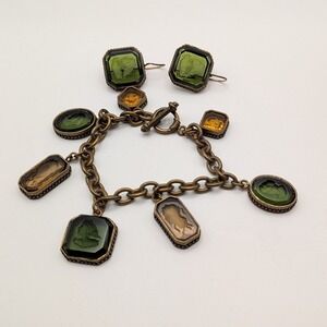 Extasia Intaglio Cameo Charm Bracelet and Earrings Set Green Amber Bronze Tone